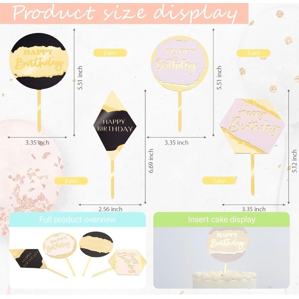 Cake Topper 8pc Birthday Unisex Gold Black Pink Modern Acrylic Set - Picture 2 of 4